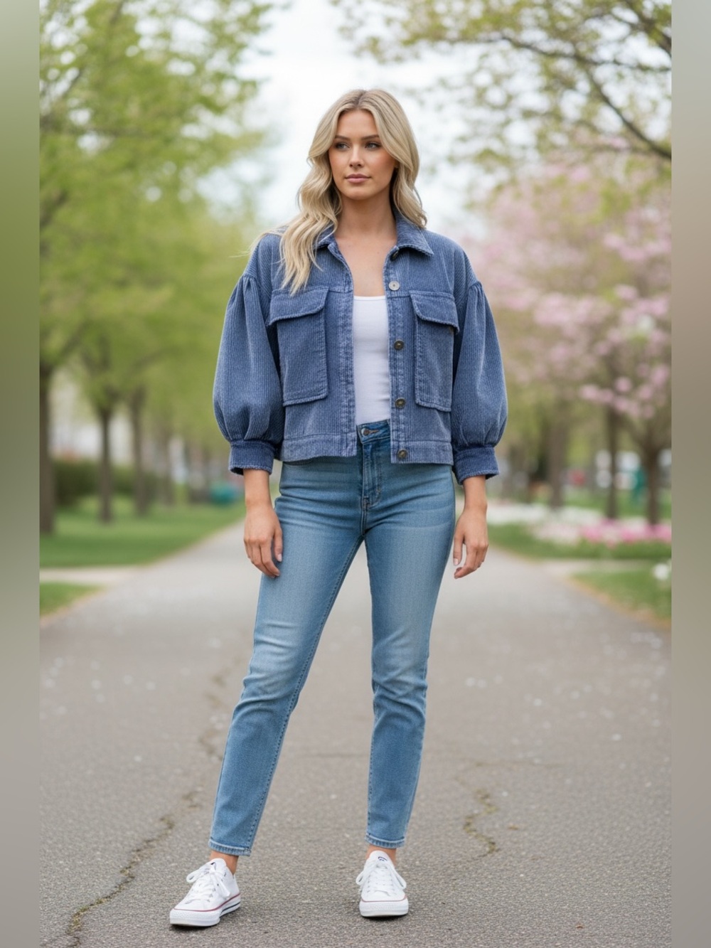 POL| Blue Striped Cropped Denim Jacket Balloon Sleeve Shacket| Med|  Bin2 | EUC